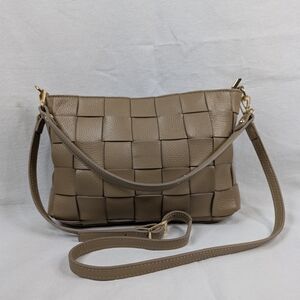 Anna Paola Woven Crossbody Bag Taupe Genuine Leather Medium Womens Italian Made